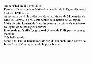 2019 04 04 CHEVALIER DE LA LEGION D HONNEUR A M. ERIC ESTEVE (1)